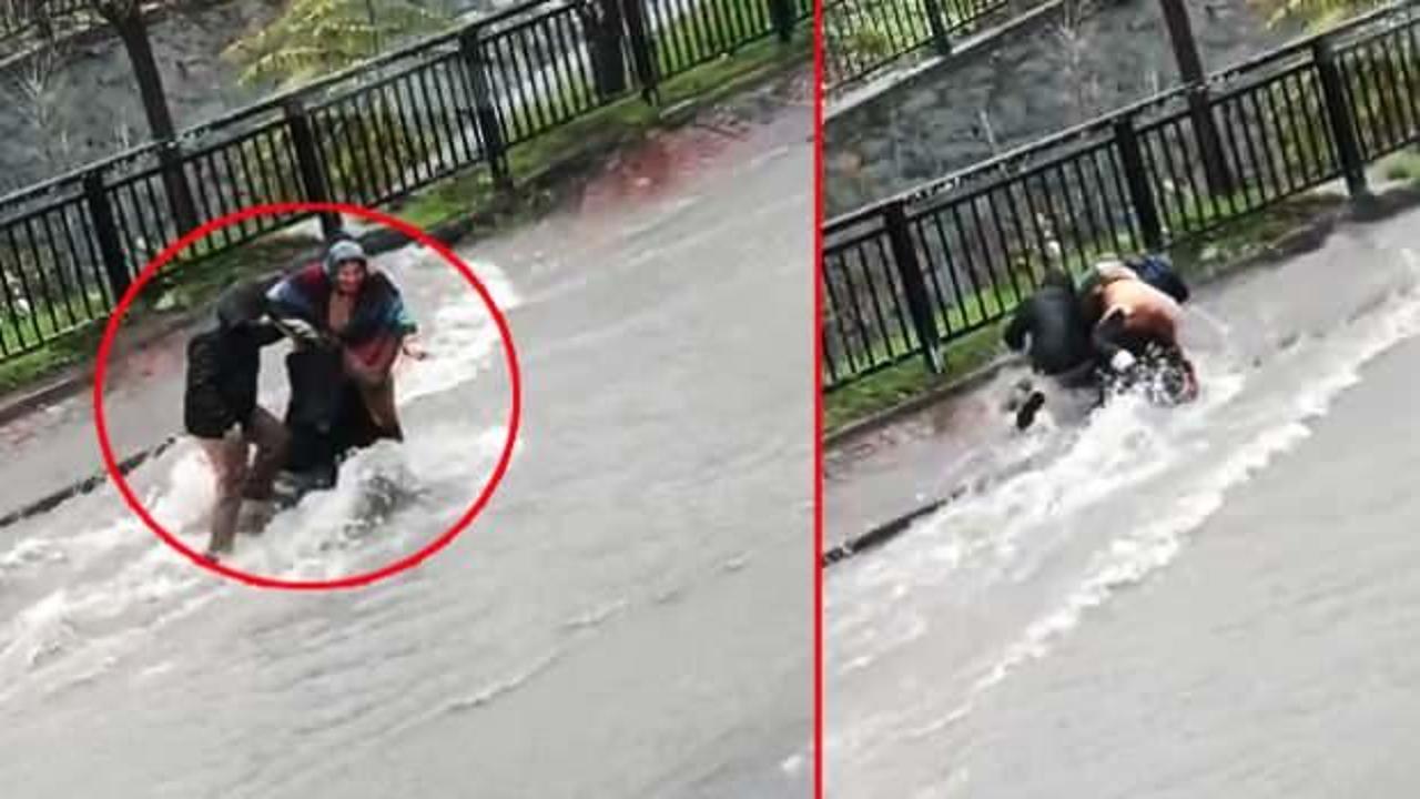 Esenyurt’ta yürekleri ağıza getiren anlar! Anne-oğul sel sularında dehşeti yaşadı