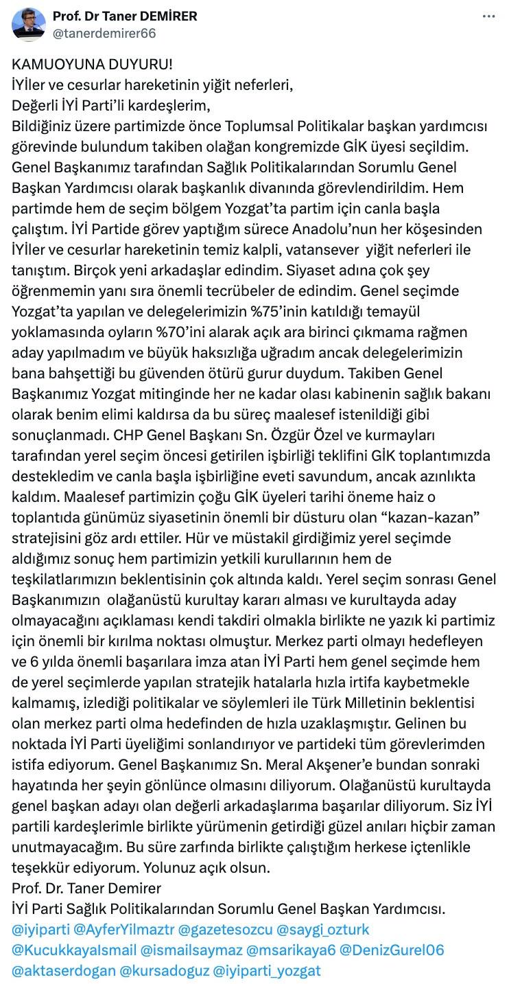 İYİ Partili Demirer, partiden istifa etti