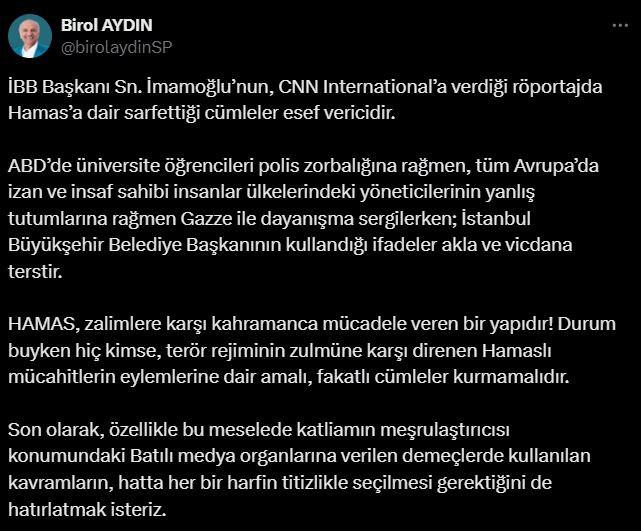 Hamas'a terör örgütü diyen İmamoğlu'na Saadet Partisi'nden tepki