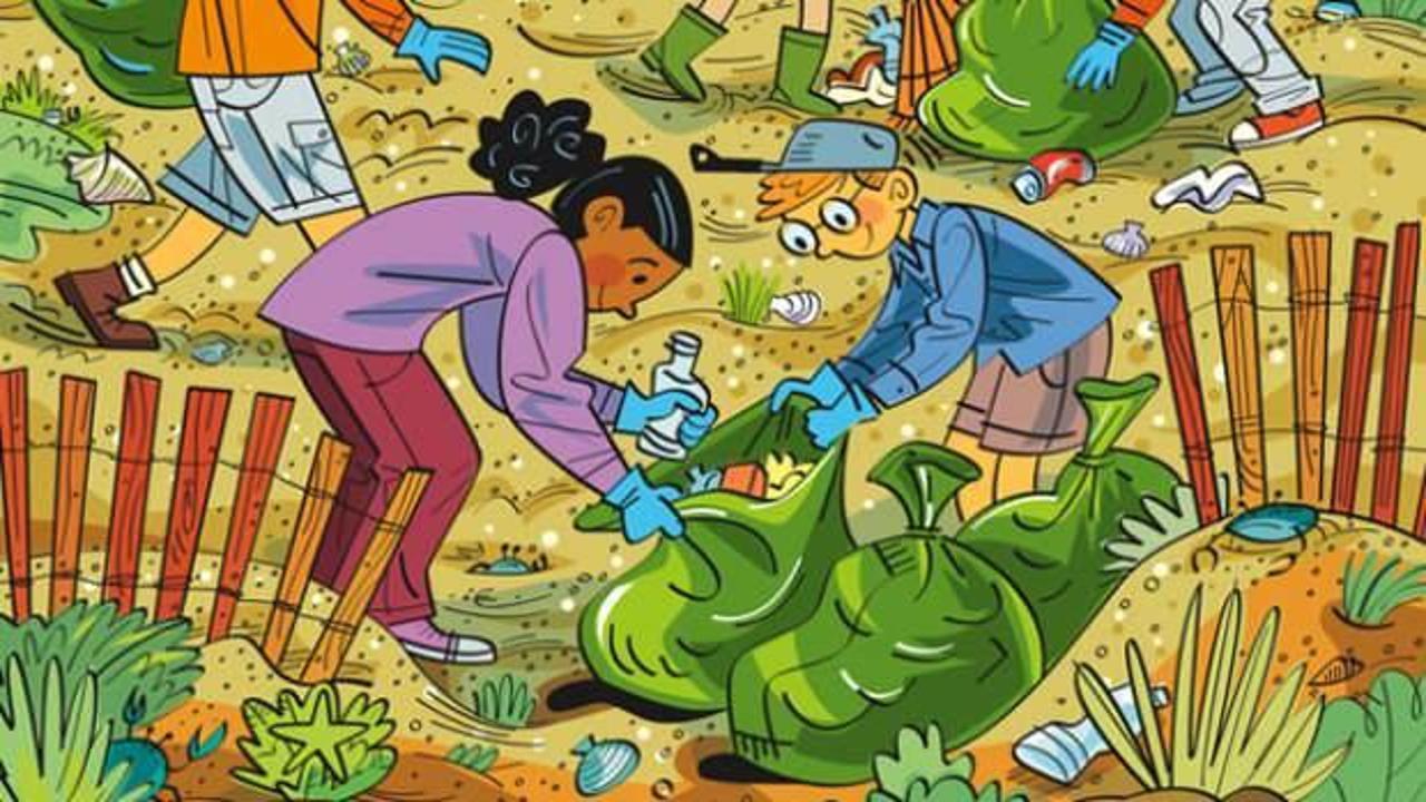 Sahil kenarında çöp toplayan çocukların olduğu bu görselde sadece en keskin gözlü kişiler ustaca gizlenmiş olan çatalın nerede olduğunu bulabiliyor